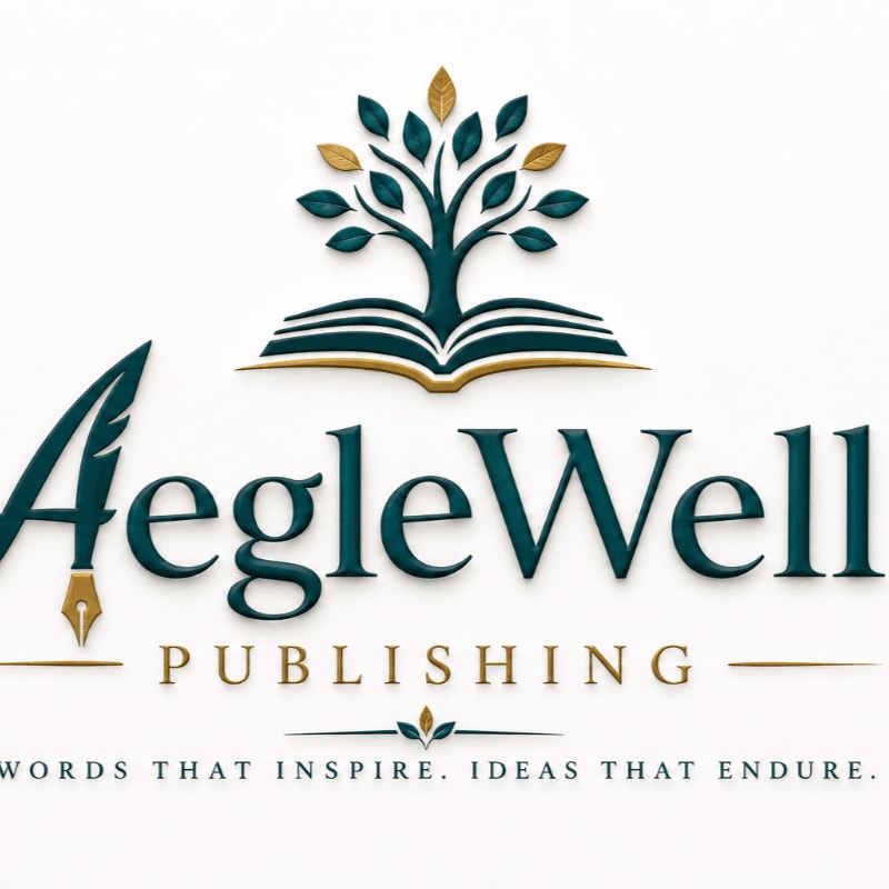 A stylized tree with golden leaves grows from an open book in the foreground, with the words "AegleWell PUBLISHING" written below it against a white background.