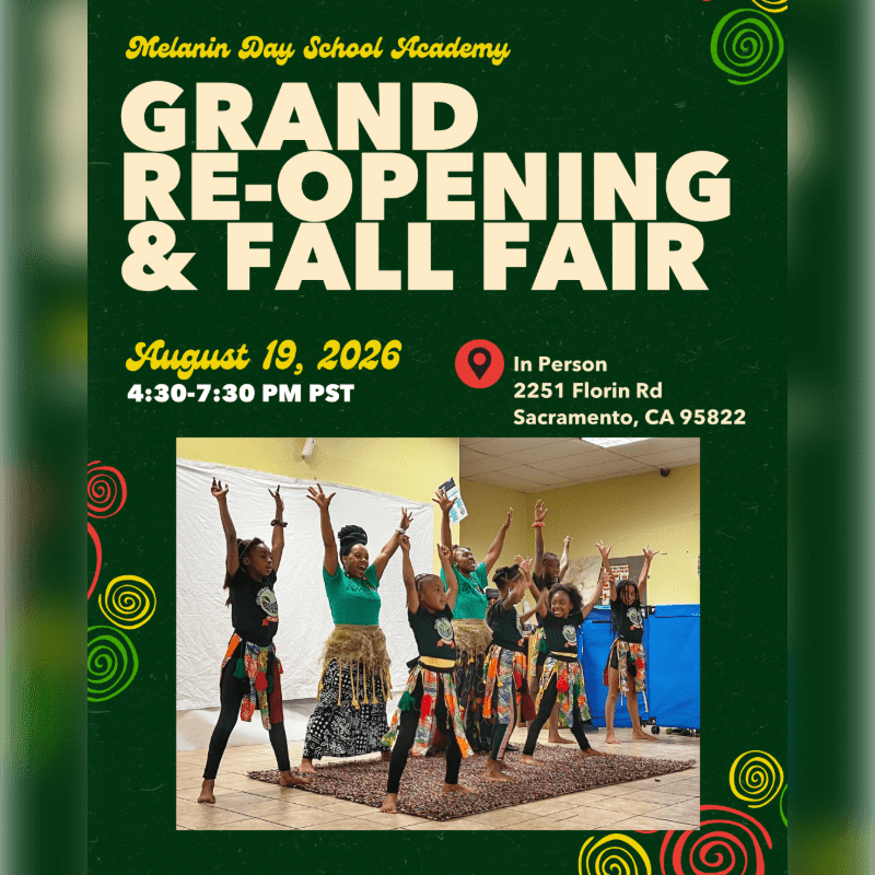 A group of children in colorful outfits perform on a stage in the foreground, while the background features text announcing a "Grand Re-Opening & Fall Fair" for Melanin Day School Academy.