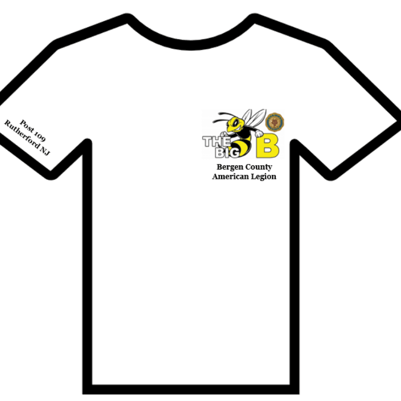 A white t-shirt with a black outline features a cartoon bee logo and "Post 109 Rutherford NJ" printed on the left shoulder.