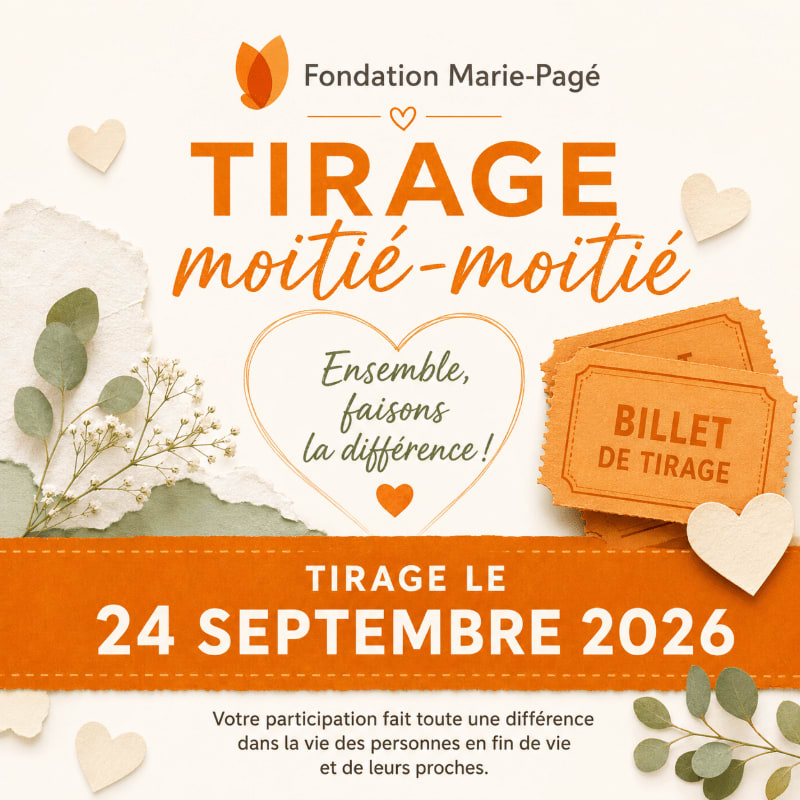 Two raffle tickets are in the foreground against a background of hearts and foliage, advertising a "moitié-moitié" raffle for Fondation Marie-Pagé on September 24, 2026.