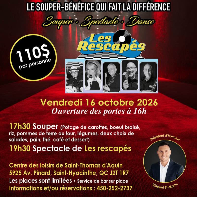 A red carpet leads to a stage with a band called "Les Rescapés" in the background, while the foreground displays event details and a portrait of the honorary president.