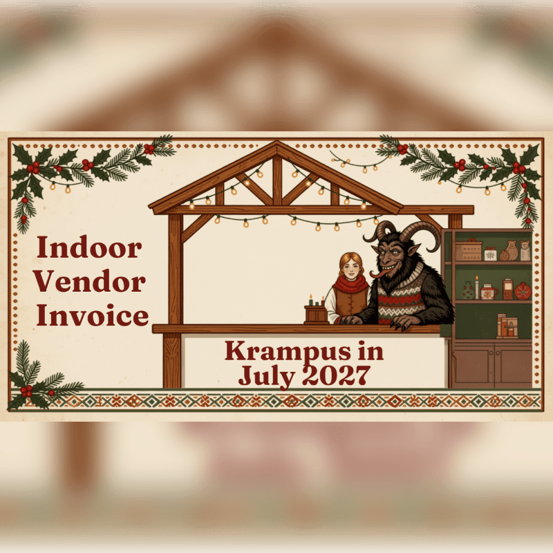 A festive border frames a stall where Krampus and a person stand behind a counter, with "Indoor Vendor Invoice" and "Krampus in July 2027" displayed on a cream-colored background.
