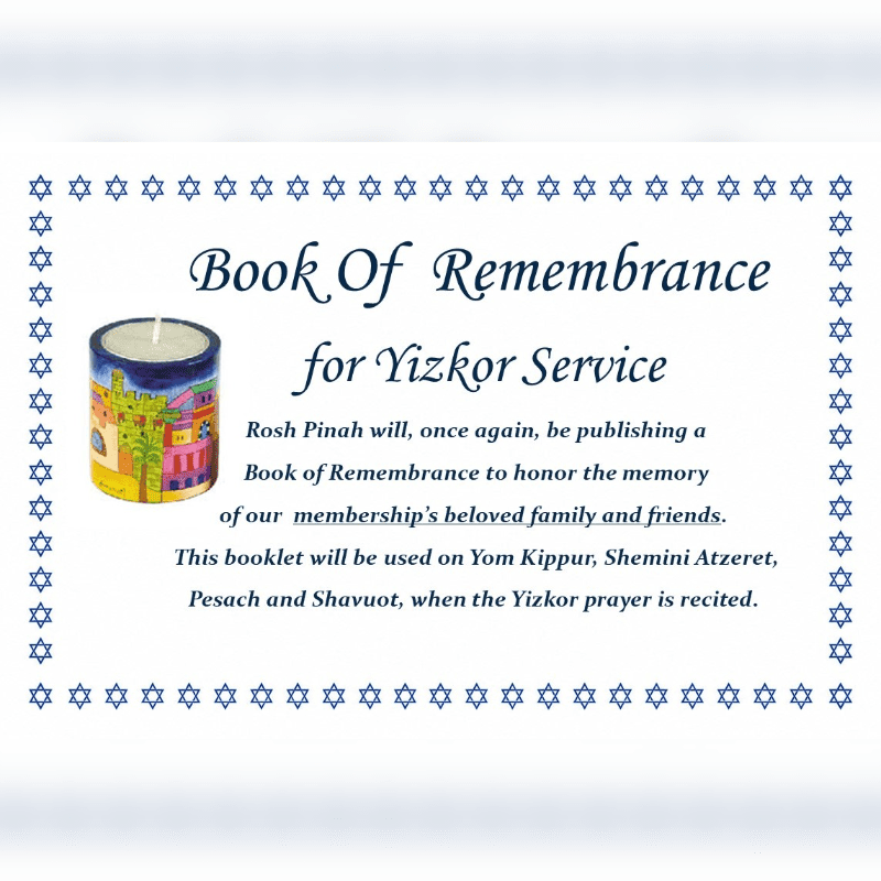 A colorful candle sits to the left of text announcing a "Book of Remembrance for Yizkor Service," all framed by a border of blue stars.