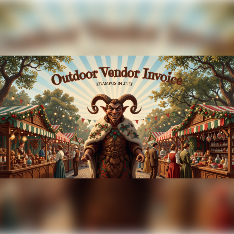 A horned, demonic figure stands prominently in the foreground of a bustling outdoor market with stalls and trees in the background.