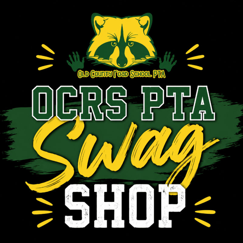 A cartoon raccoon peeks over the words "OCRS PTA SWAG SHOP" in bold green and yellow lettering against a black background.