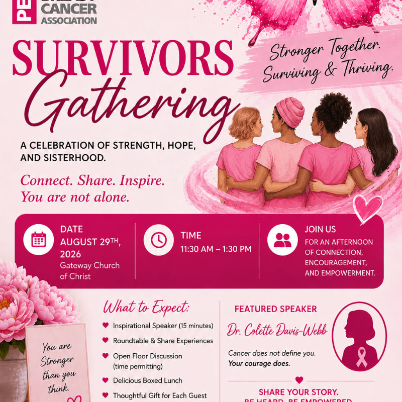 Pink floral accents frame a poster announcing a "Survivors Gathering" with event details and a featured speaker, set against a background of four women with arms around each other.
