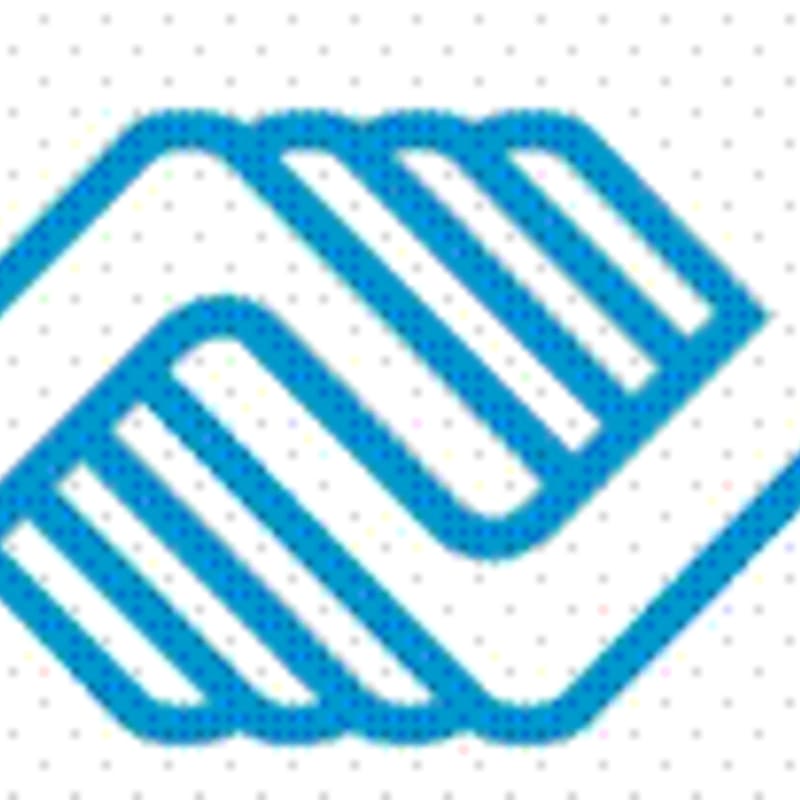 Two blue hands shake in the foreground against a dotted white background.