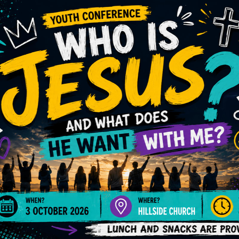 A group of silhouetted youths with arms raised against a sunset sky are featured in the foreground, while the background displays bold text announcing a youth conference titled "Who Is Jesus?".