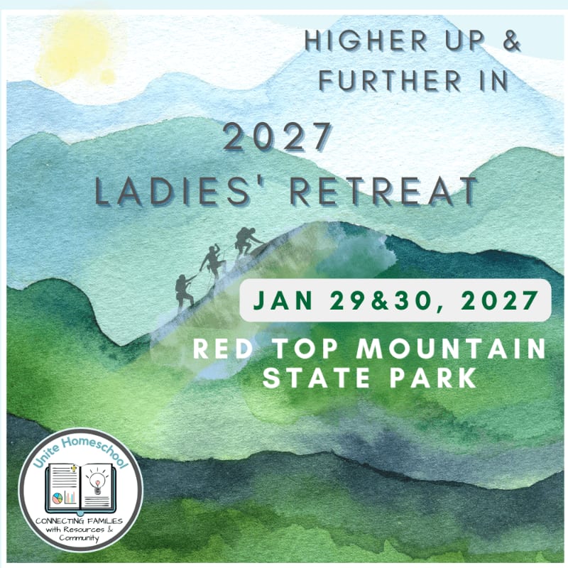 Silhouetted hikers ascend a mountain range against a watercolor sky, advertising the 2027 Ladies' Retreat at Red Top Mountain State Park.