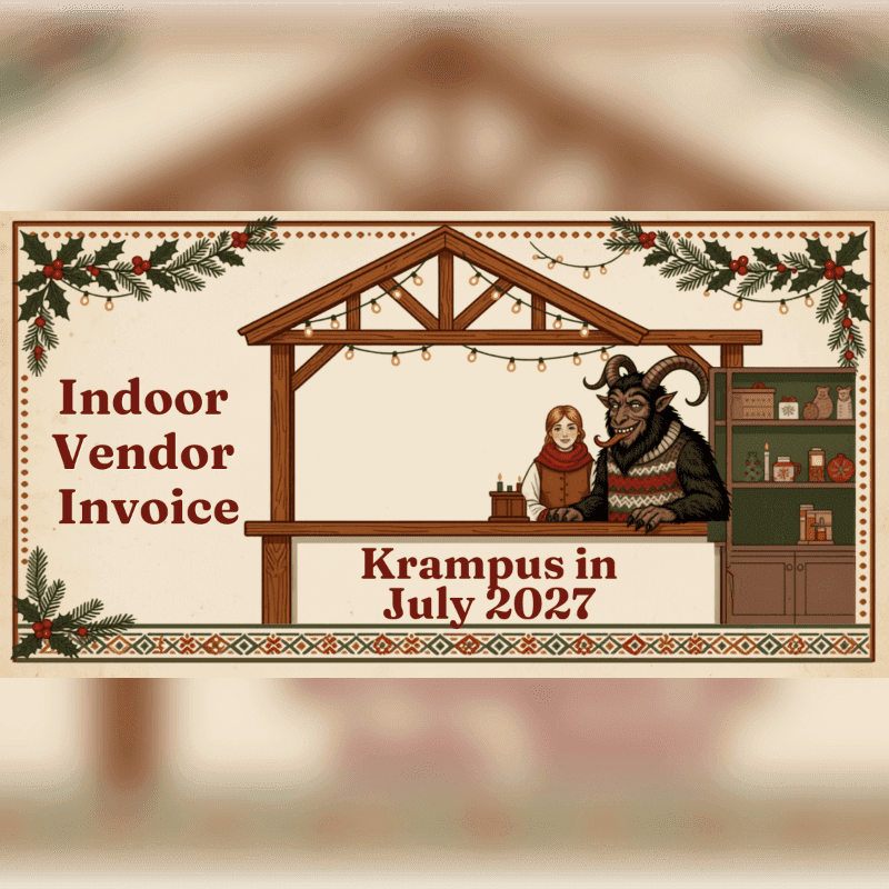 A festive border frames a stall where Krampus and a person stand behind a counter, with "Indoor Vendor Invoice" and "Krampus in July 2027" displayed on a cream-colored background.