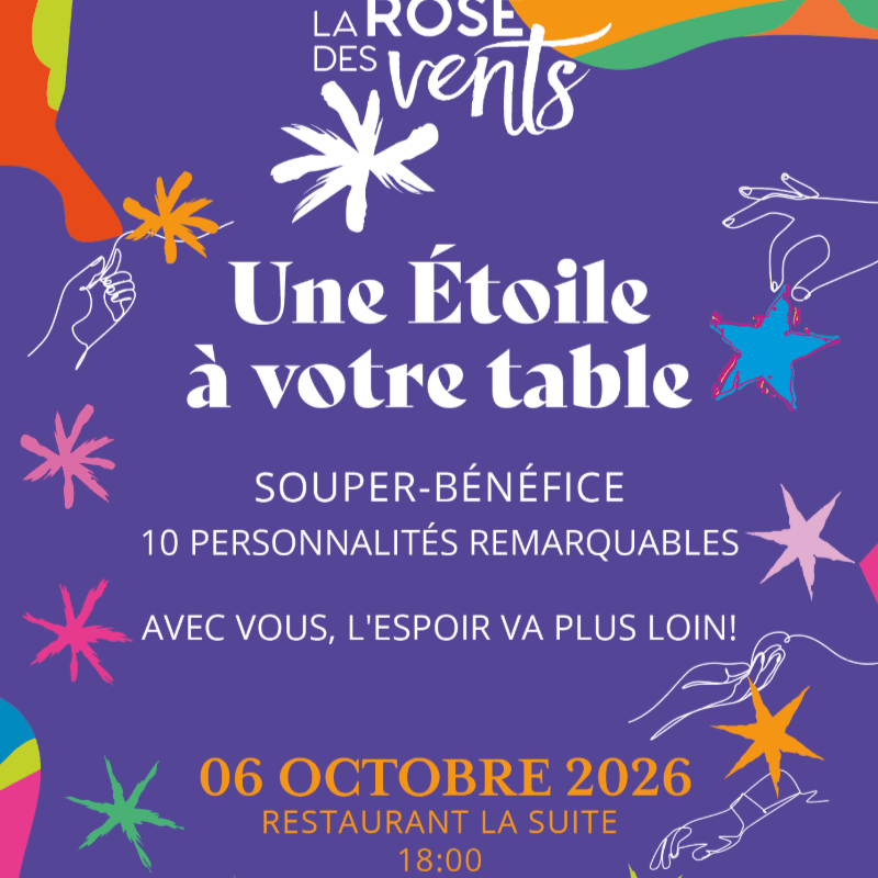 Colorful abstract shapes and hands reaching for stars frame a purple background with event details for "Une Étoile à votre table" on October 6, 2026.