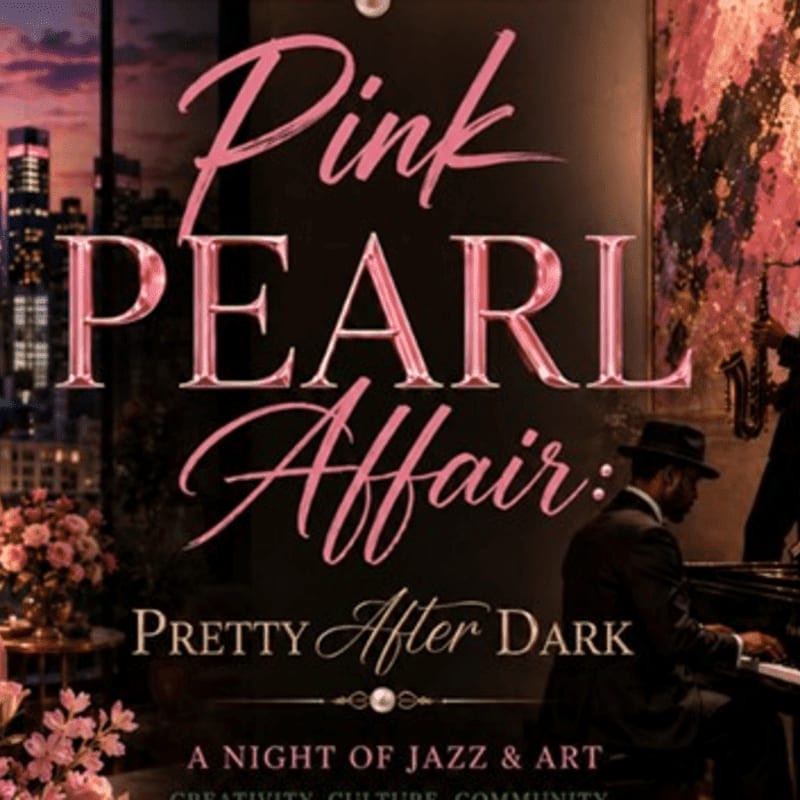 A pianist in a suit plays at a grand piano in the foreground, while the "Pink Pearl Affair: Pretty After Dark" event title is superimposed over a city skyline and floral arrangement in the background.
