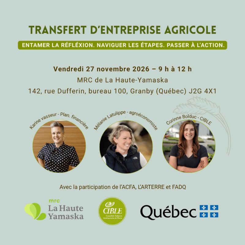 Three women are featured in the foreground against a background of text and logos announcing an agricultural business transfer event.