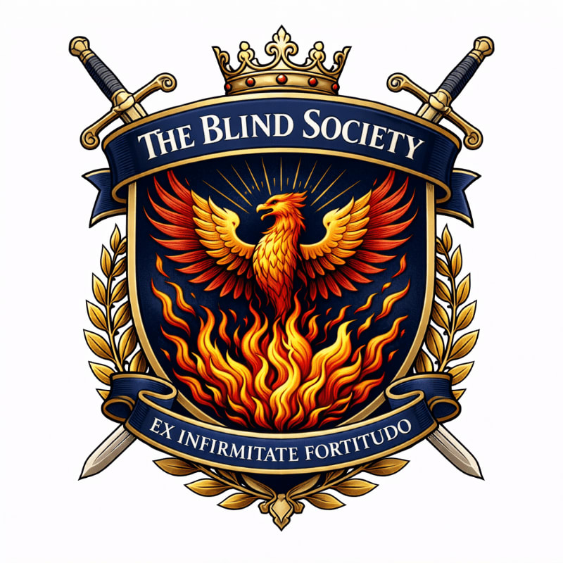 A phoenix rising from flames is emblazoned on a crest with crossed swords and a crown, set against a white background.