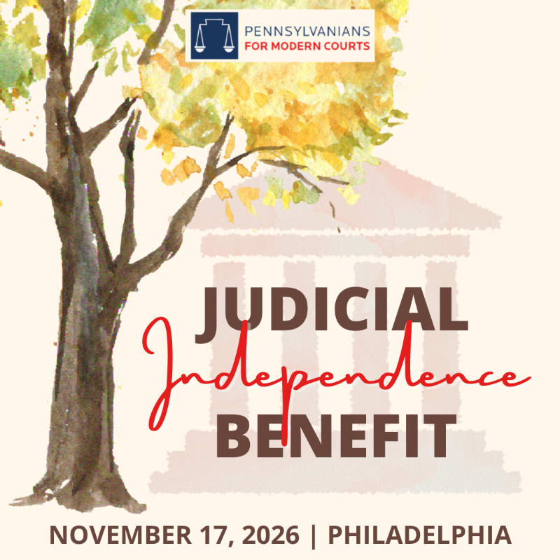 A watercolor tree in the foreground stands before a building with columns, advertising a "Judicial Independence Benefit" on November 17, 2026, in Philadelphia.