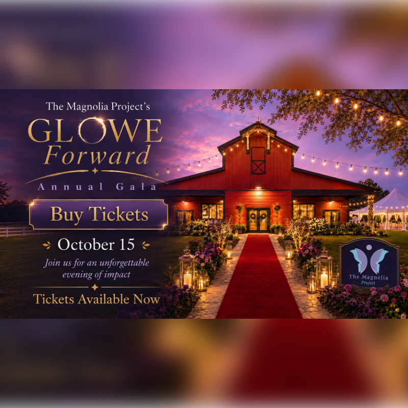 The foreground features the text "GLOWE Forward ANNUAL GALA" in elegant, glowing font against a dark, starry background.