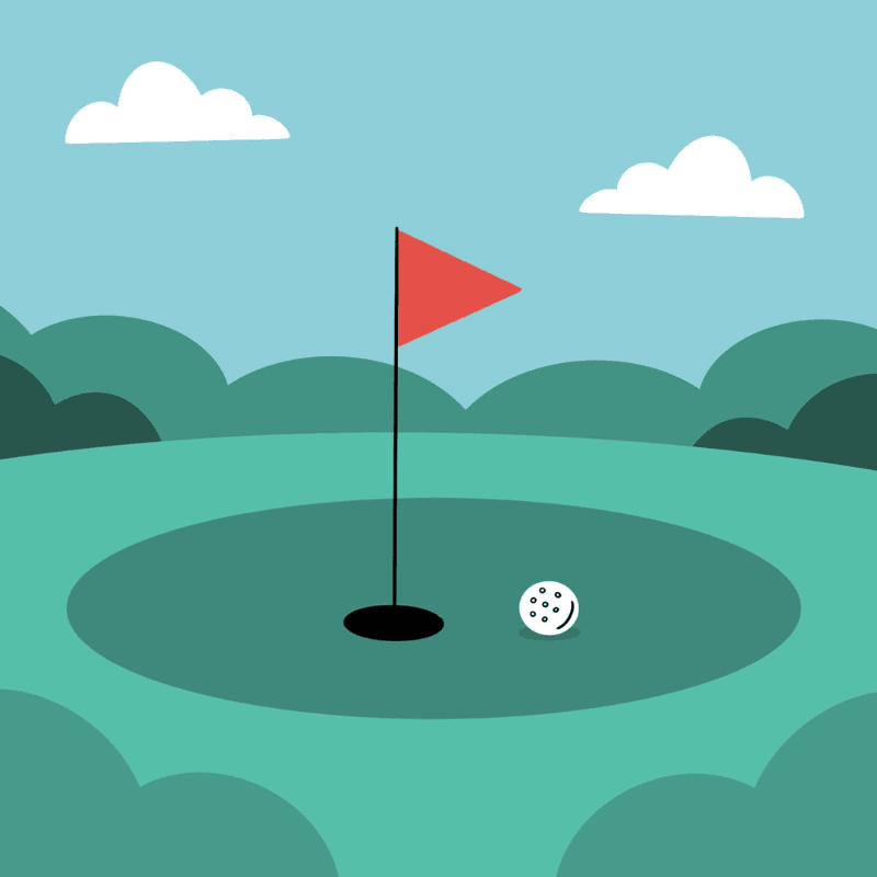A golf ball rests on a green near a red flag on a pole, with rolling green hills and fluffy clouds in the background.