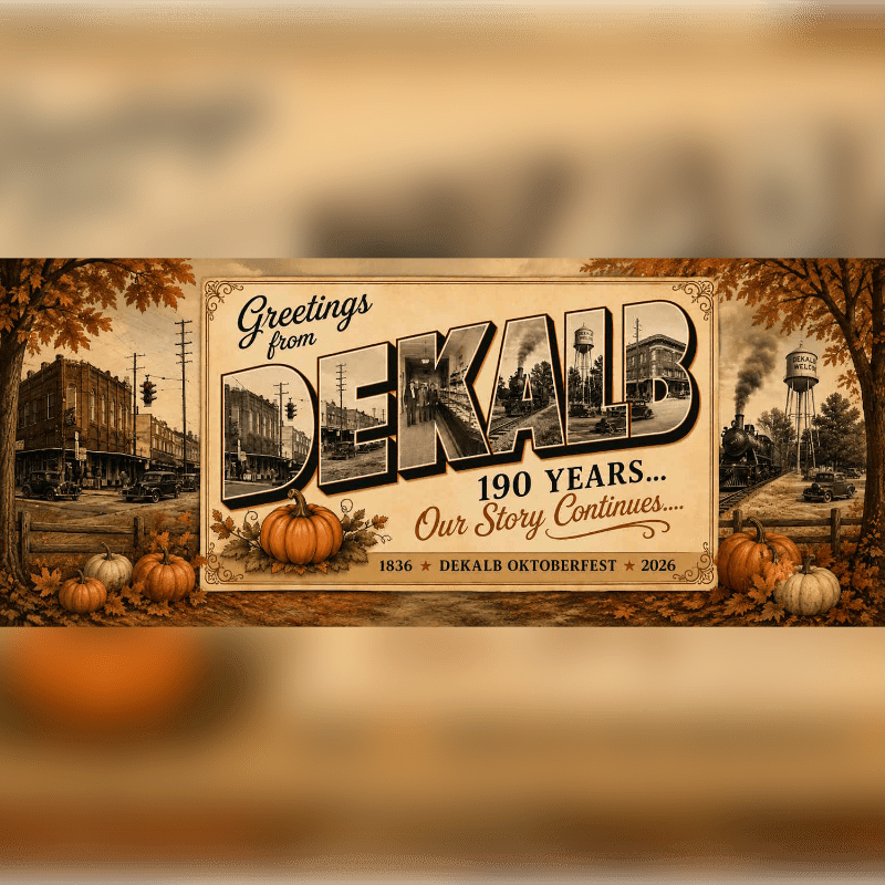Pumpkins and autumn leaves adorn the foreground of a vintage postcard celebrating DeKalb's 190th anniversary, with a sepia-toned background featuring a train, water tower, and historic buildings.