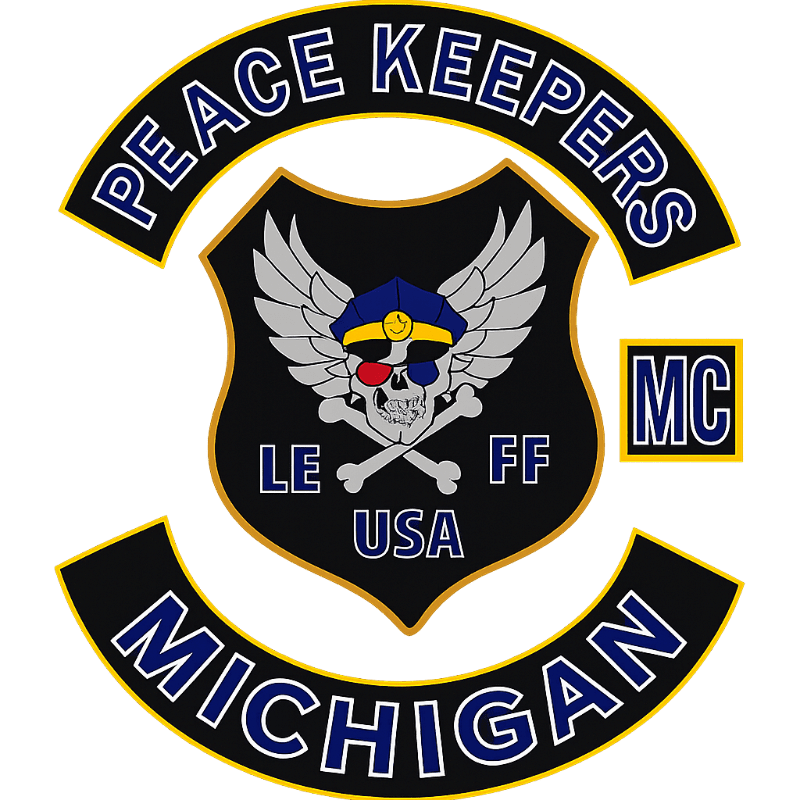 A black and yellow patch with "PEACE KEEPERS MC MICHIGAN" curved around a central shield featuring a skull with wings, police hat, and "LE USA FF" in the foreground, set against a white background.