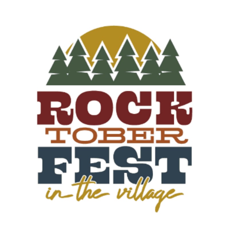A stylized logo features the words "ROCKTOBER FEST in the village" in bold, colorful lettering against a white background, with a silhouette of pine trees and a setting sun forming the backdrop.