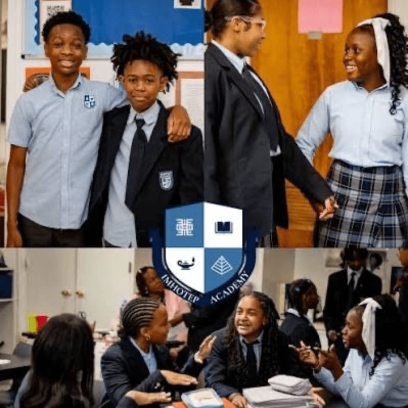 Two smiling boys in school uniforms stand in the foreground of the top left panel, while two girls in similar attire interact in the top right panel, and a group of students are engaged in discussion in the bottom panel, all under the Imhotep Academy logo.