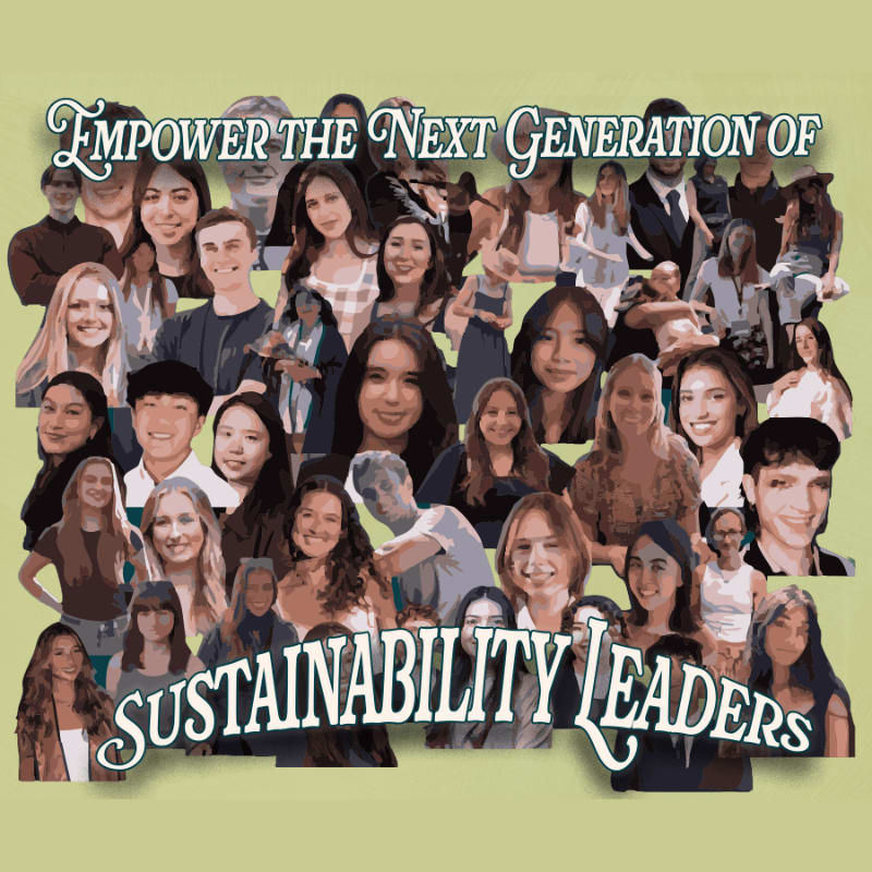 A collage of diverse young people is presented against a light green background with the text "Empower the Next Generation of Sustainability Leaders" arching over them.