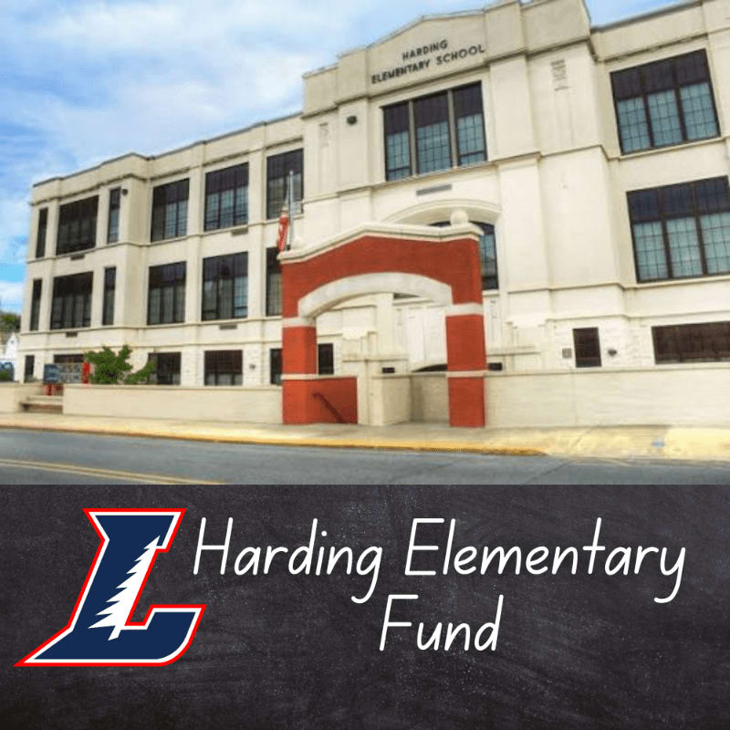 A red brick archway stands in front of the Harding Elementary School building, with a logo and text overlaying a dark, textured surface in the foreground.