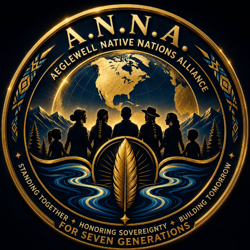 A golden feather and flowing water are in the foreground, while a silhouette of diverse people stands before a globe and mountainous landscape in the background, all within a circular emblem.