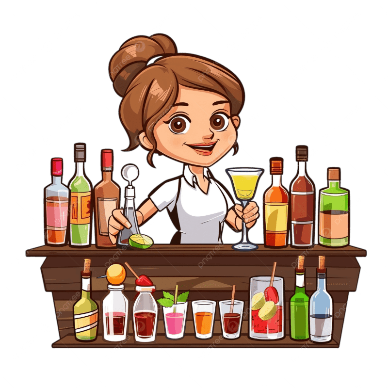 A smiling bartender with brown hair in a bun stands behind a wooden bar filled with various bottles and drinks, holding a cocktail glass.