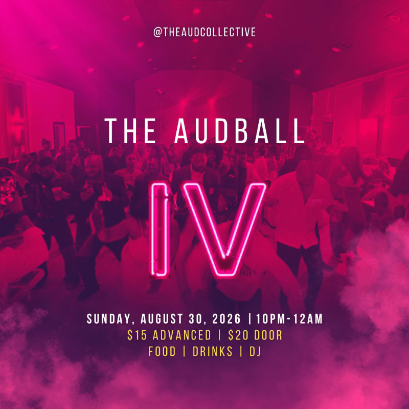 A neon "IV" glows in the foreground over a crowd at a dimly lit, pink-hued event called "The Audball," with event details listed below.