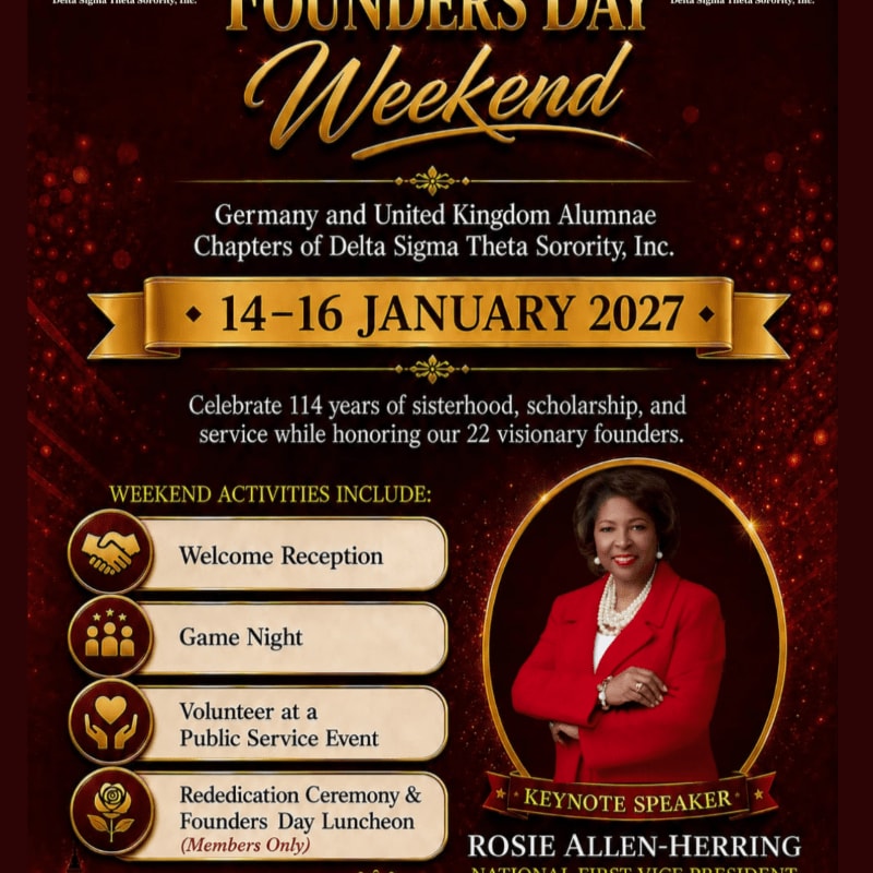 A poster for Delta Sigma Theta Sorority's Founders Day Weekend in January 2027 features a portrait of Rosie Allen-Herring in the foreground against a dark red background with gold accents and event details.