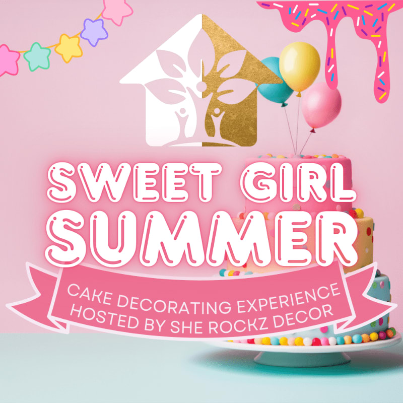 A vibrant pink background with a dripping frosting design at the top frames a multi-tiered cake in the foreground, adorned with colorful sprinkles and a banner announcing "Sweet Girl Summer Cake Decorating Experience."