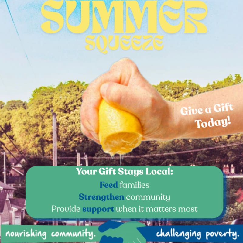 A hand squeezes a lemon in the foreground, with a leafy green background and text overlaying the image.
