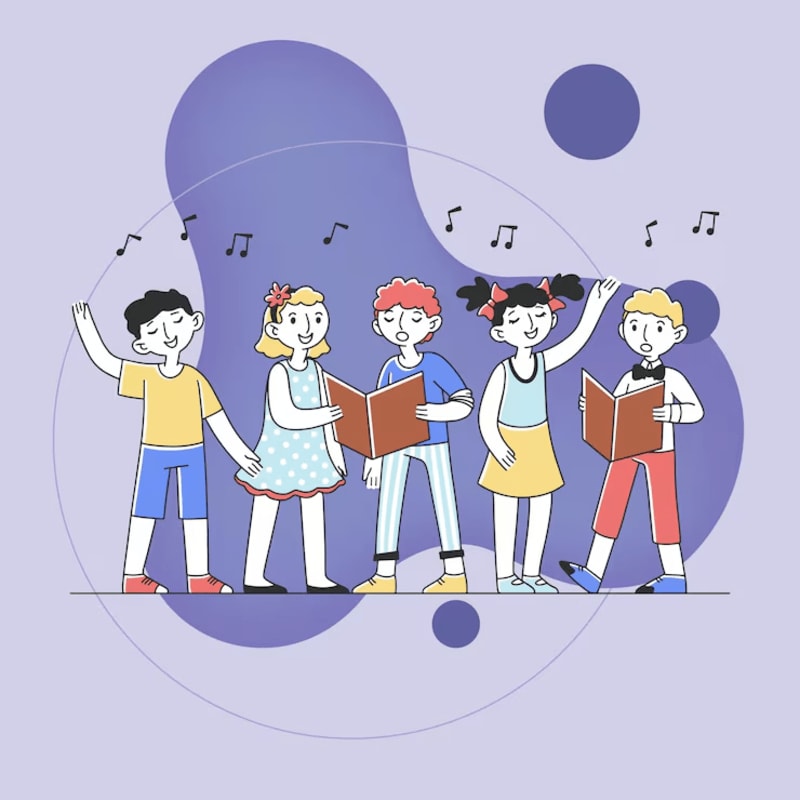Five children sing from open books in the foreground, with abstract purple shapes and musical notes in the background.