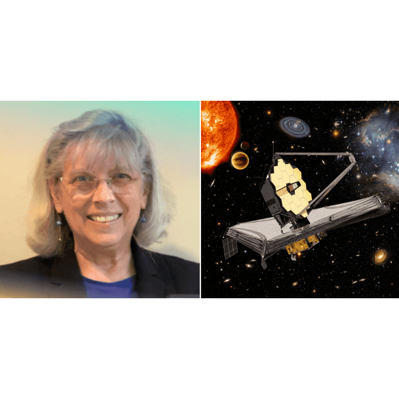 A smiling woman with gray hair and glasses is on the left, while a detailed illustration of the James Webb Space Telescope is in the background against a backdrop of stars and galaxies.