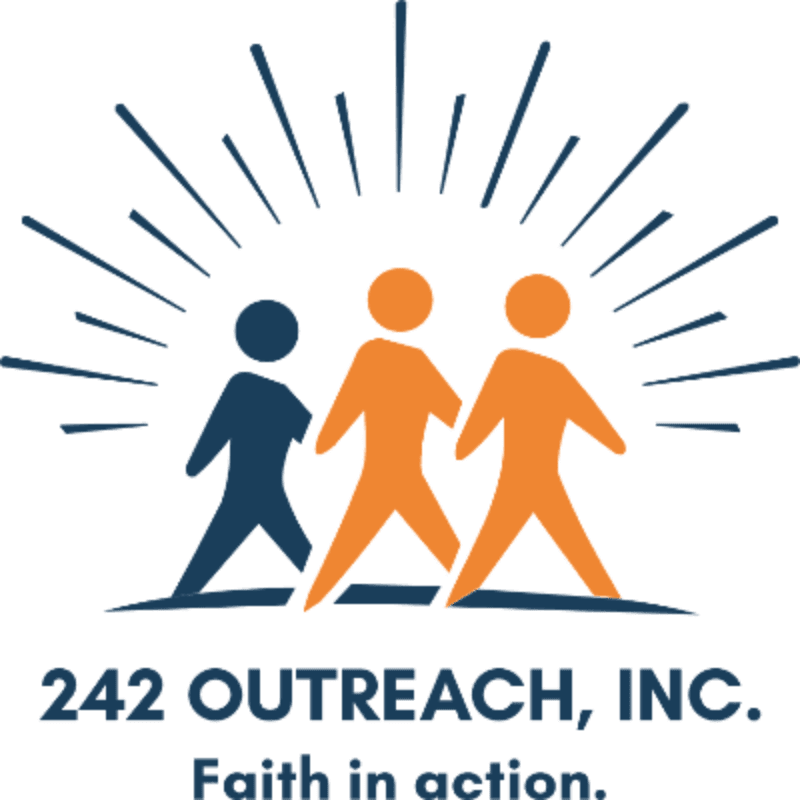 Three stylized figures, one dark blue and two orange, walk forward under a burst of dark blue lines, with the text "242 OUTREACH, INC. Faith in action." below.