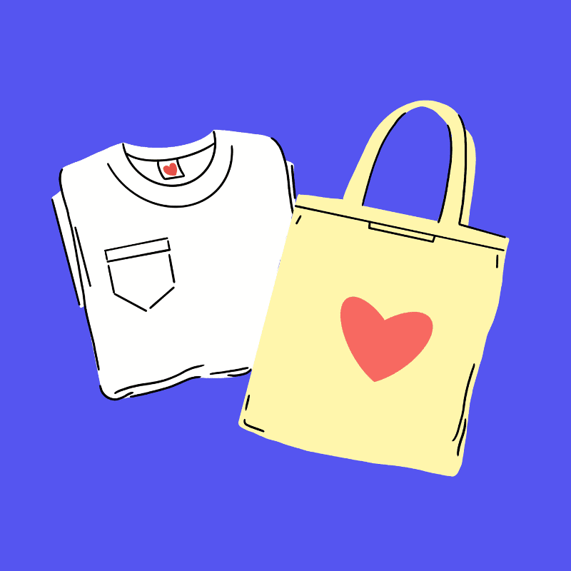 A white t-shirt with a pocket and a yellow tote bag with a red heart are displayed against a solid blue background.