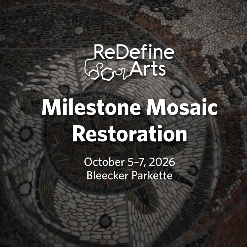 A mosaic of small stones in shades of gray and white forms a circular pattern in the foreground, overlaid with white text announcing "Milestone Mosaic Restoration" and event details, against a blurred background of similar stone textures.