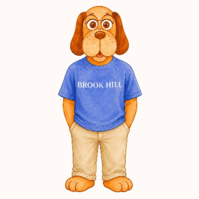 A cartoon dog wearing a blue "Brook Hill" t-shirt and tan pants stands against a plain white background.