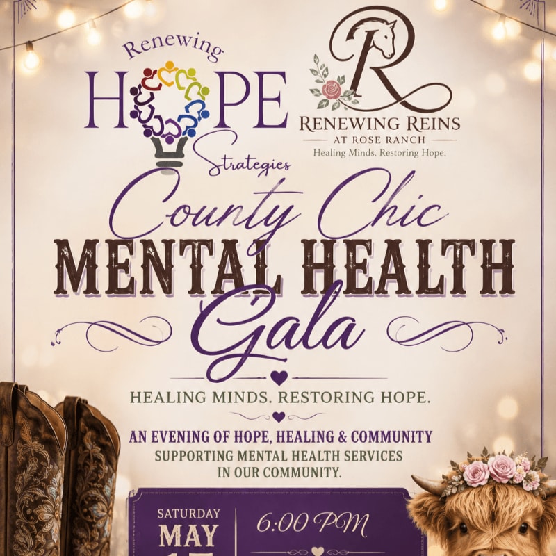 Cowboy boots and a Highland cow with a flower crown are in the foreground, with string lights and event details for a "County Chic Mental Health Gala" in the background.