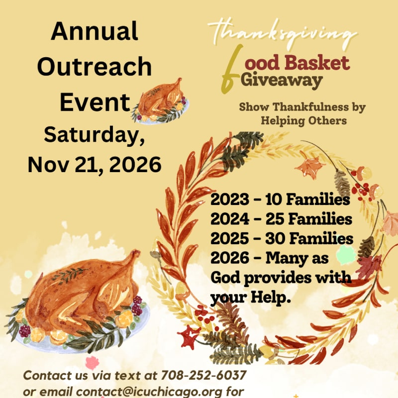 A Thanksgiving food basket giveaway event poster features roasted turkeys and autumn leaves in the foreground, with event details and contact information in the background.