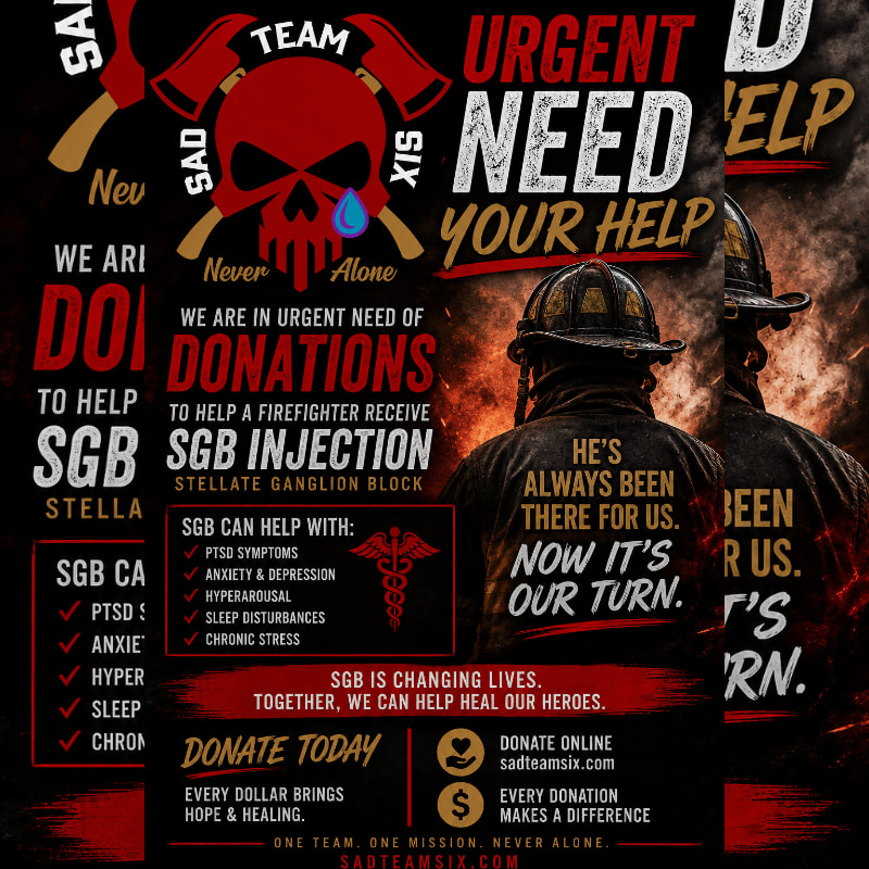 A poster for "Team Sad Six" urges donations to help firefighters with SGB injections, featuring a skull with crossed axes in the foreground and two firefighters in the background.
