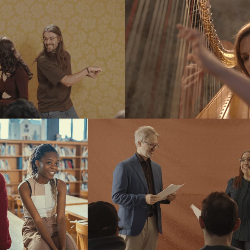 In the foreground, people are engaged in various activities like playing a harp, smiling in a library, and presenting documents, while the background features a patterned wall, a blurred audience, and bookshelves.