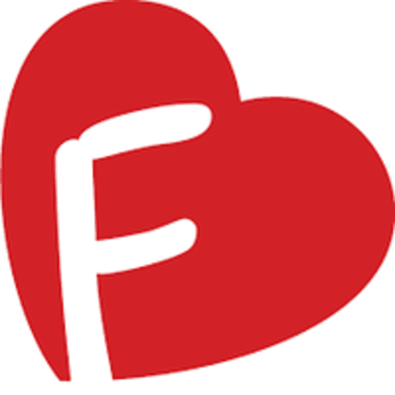 A white letter "F" is superimposed on a red heart shape against a white background.