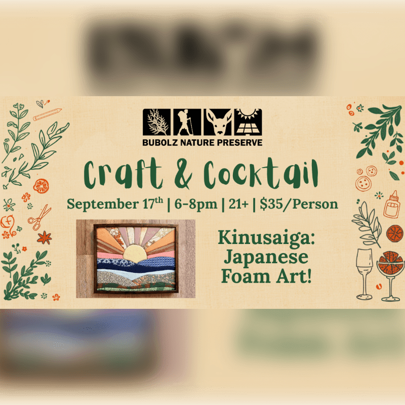 A framed piece of Japanese foam art depicting a sunset over the ocean is in the foreground, set against a light brown background with decorative greenery and event details for a "Craft & Cocktail" event at Bubolz Nature Preserve.