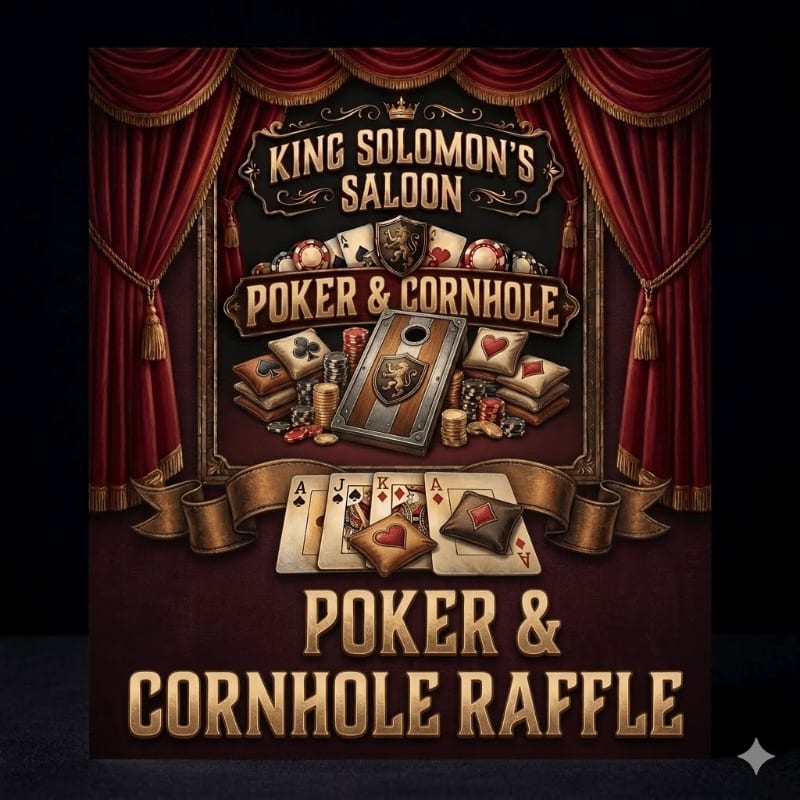 In the foreground, poker cards and cornhole beanbags are arranged on a dark surface, while the background features a sign for "King Solomon's Saloon" with poker chips and a cornhole board, all framed by red velvet curtains.