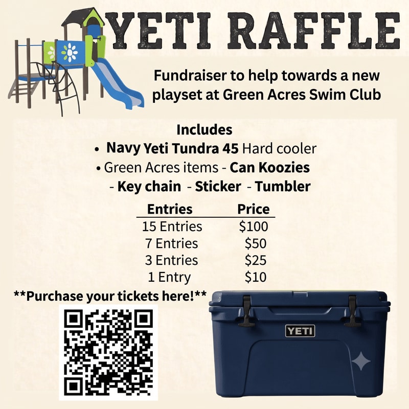 A navy Yeti cooler is prominently displayed in the foreground, while the background features a colorful playground structure and text announcing a Yeti raffle fundraiser for a new playset.