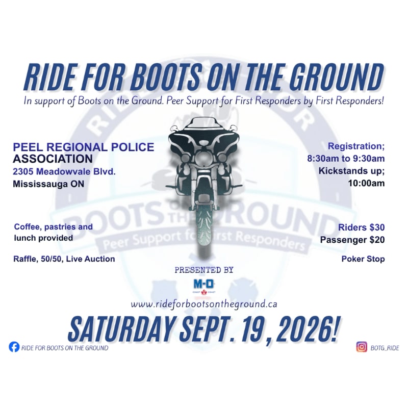 A motorcycle is centered on a flyer advertising a "Ride for Boots on the Ground" event, with event details and logos filling the background.