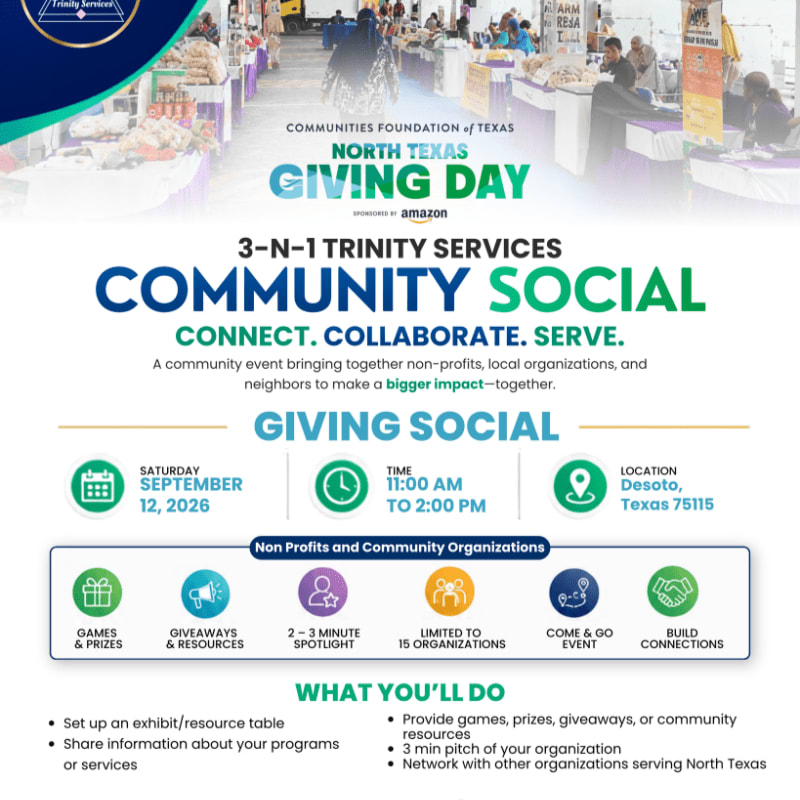 A flyer for a community social event is displayed with a blurred background image of people at an outdoor market.