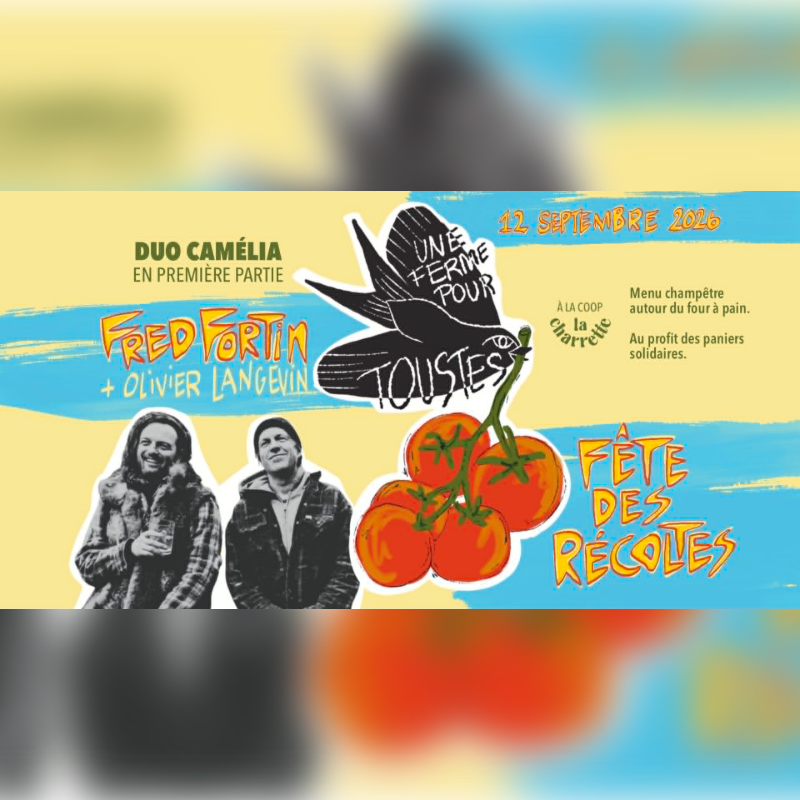 Two men stand in the foreground against a yellow and blue background featuring illustrations of a bird with tomatoes and text announcing a harvest festival.